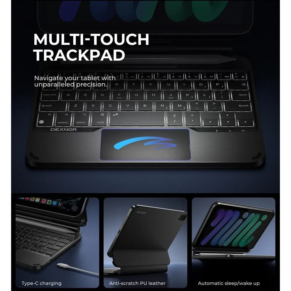 Dexnor iPad Mini 7 A17 Pro Mini 6 Keyboard Case Backlit Trackpad Black